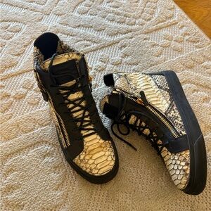 Giuseppe Zanotti Black and Cream Python-Texture High-Top Sneakers